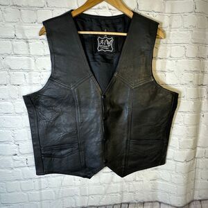 Vintage A-1 Black Leather Snap Motorcycle  Biker Vest Pockets PINS removed